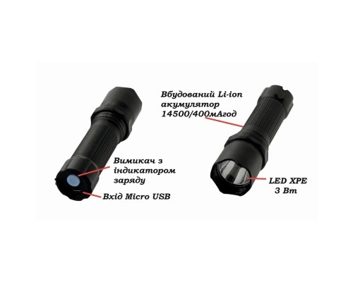 Ліхтар Quantum Minik black 3W LED з USB 40шт/уп (QM-FL1043-B)