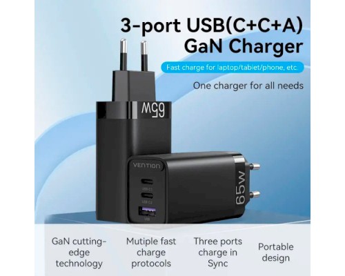 Зарядний пристрій Vention 3xUSB 65W (2xUSB-C+USB-A) PD3.0+QC4.0 black (FEDB0-EU)