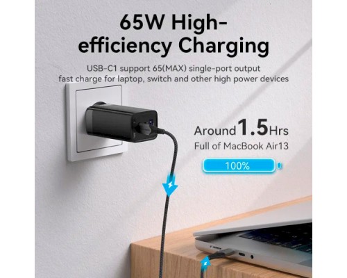 Зарядний пристрій Vention 3xUSB 65W (2xUSB-C+USB-A) PD3.0+QC4.0 black (FEDB0-EU)