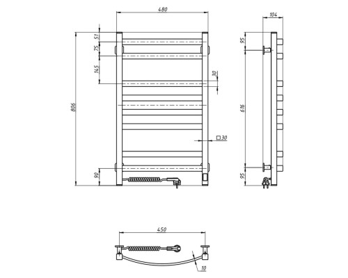 Сушарка для рушників Navin Avalon, 800х480, таймер-регулятор, сталь, чорний муар, ліве підключення (12-203153-4880)