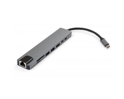 Концентратор Vinga Type-C to 4K HDMI+2*USB3.0+GigabitLAN+SD+PD+USB-C SS aluminium (VCPATC2U3CRLNHIPDGR)