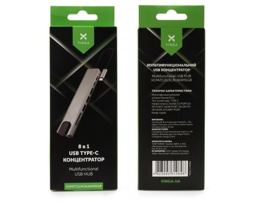 Концентратор Vinga Type-C to 4K HDMI+2*USB3.0+GigabitLAN+SD+PD+USB-C SS aluminium (VCPATC2U3CRLNHIPDGR)