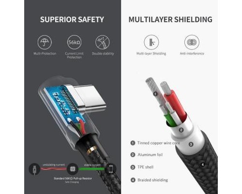 Дата кабель USB 2.0 AM to Type-C 1.0m US284 Angled Alum. Braid Black Ugreen (50941)