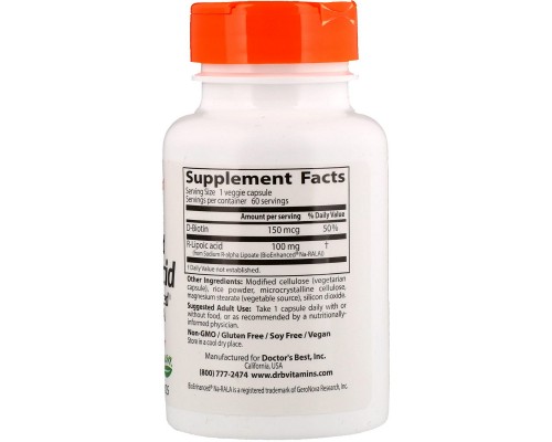 Антиоксидант Doctor's Best R-Ліпоєва кислота, R-Lipoic Acid, 100 мг, 60 капсул (DRB-00123) Антиоксидант Doctor's Best R-Ліпоєва кислота, R-Lipoic Acid, 100 мг, 60 капсул (DRB-00123)