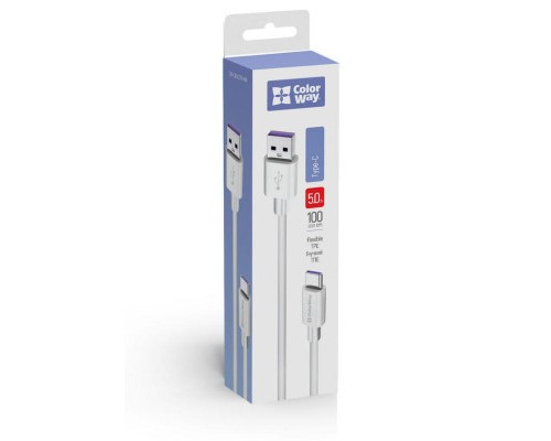 Дата кабель USB 2.0 AM to Type-C 1.0m 5A white ColorWay (CW-CBUC019-WH)