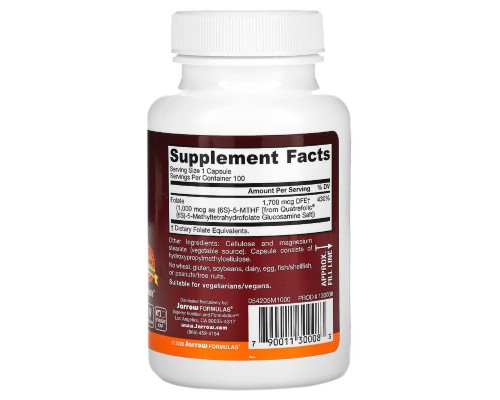 Вітамін Jarrow Formulas Метілфолат 1000 мкг, Methyl Folate, 100 вегетаріанських капс (JRW-30008)