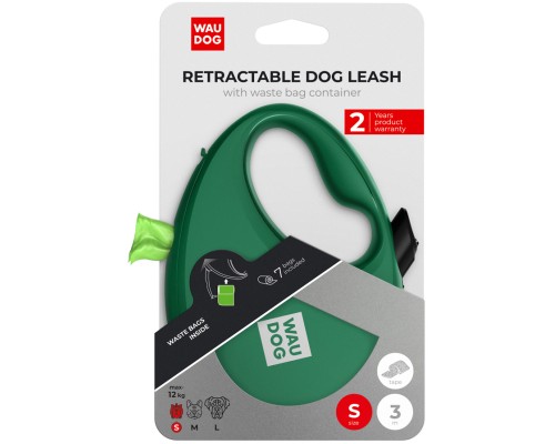 Повідок для собак WAUDOG R-leash з контейнером для пакетів S до 12 кг 3 м зелений (262718)