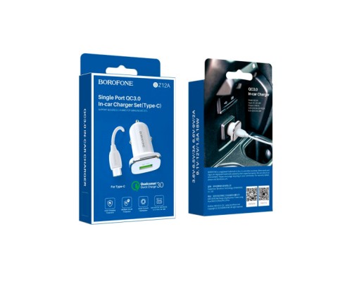 Зарядний пристрій BOROFONE BZ12A USB + cable USB to USB-C 1.0m White (BZ12A/TCW)