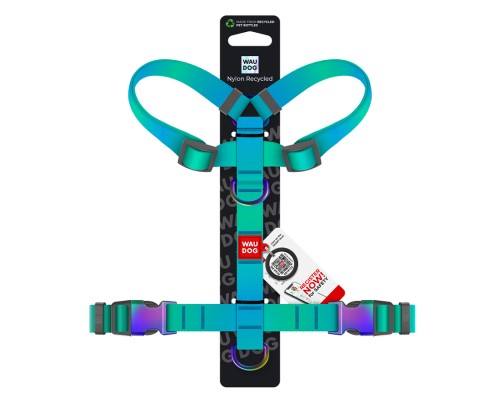 Шлея для собак WAUDOG Nylon Recycled анатомічна H-подібна з QR-паспортом, градієнт, S блакитна (52862)