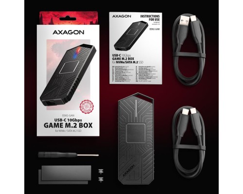 Кишеня зовнішня AXAGON USB-C 10Gbps metal box for M.2 NVMe & SATA SSD GAME (EEM2-GAM)