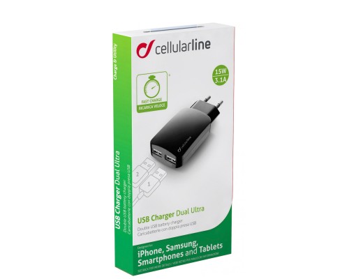 Зарядний пристрій 2*USB 3,1A Cellularline (ACHUSBMOBILEDUAL3A) Зарядний пристрій 2*USB 3,1A Cellularline (ACHUSBMOBILEDUAL3A)
