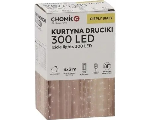 Гірлянда Chomik Штора 3 х 3 м 300 LED Теплий білий USB з пультом (5900779879997)
