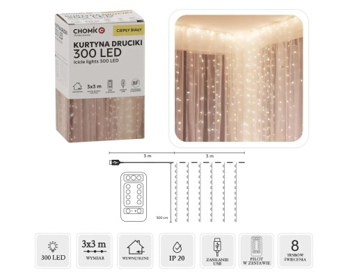 Гірлянда Chomik Штора 3 х 3 м 300 LED Теплий білий USB з пультом (5900779879997)
