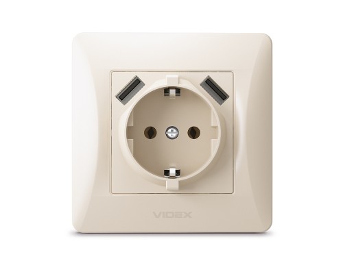 Розетка Videx BINERA 1ая із заземленням і 2USB кремова (VF-BNSK1GU2-CR)