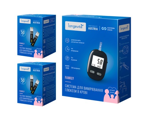 Глюкометр Longevita Family Система для вимірювання глюкози в крові + тест смужки 2 х 50 шт. (6837149)