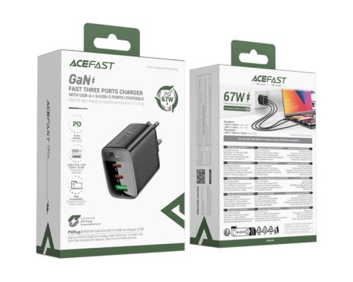 Зарядний пристрій Acefast 2xUSB-C + 1xUSB 67W GaN black (6974316284048)