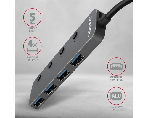 Концентратор AXAGON USB 3.1 to 4xUSB 3.0 0.2m switch black (HUE-MSA)