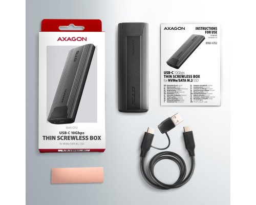 Кишеня зовнішня AXAGON USB-C 10Gbps metal box for M.2 NVMe & SATA SSD THIN SCREWLESS (EEM2-GTS2)