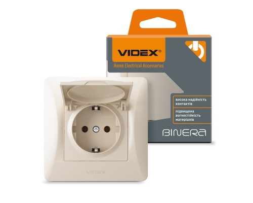 Розетка Videx BINERA 1ая із заземленням і кришкою крем (VF-BNSK1GС-CR)