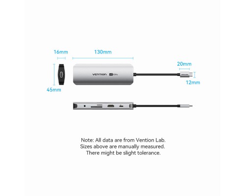 Концентратор Vention USB 3.1 Type-C to HDMI 4K60Hz/USB 3.0x2/RJ45/SD/TF/3.5mm/PD 100W Hub 9-in-1 (TQMHB)