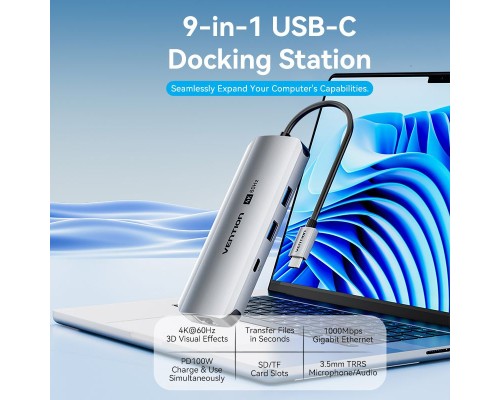 Концентратор Vention USB 3.1 Type-C to HDMI 4K60Hz/USB 3.0x2/RJ45/SD/TF/3.5mm/PD 100W Hub 9-in-1 (TQMHB)