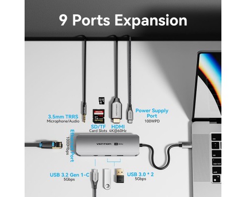 Концентратор Vention USB 3.1 Type-C to HDMI 4K60Hz/USB 3.0x2/RJ45/SD/TF/3.5mm/PD 100W Hub 9-in-1 (TQMHB)