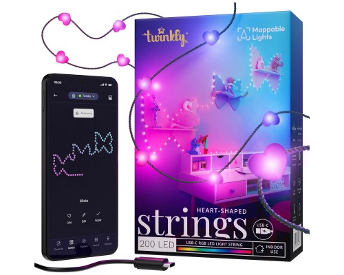 Гірлянда Twinkly Smart LED, Strings USB 200 Heart-shaped RGB LEDs, Green Wire, USB-C 12м (TWKH200RGB-G)