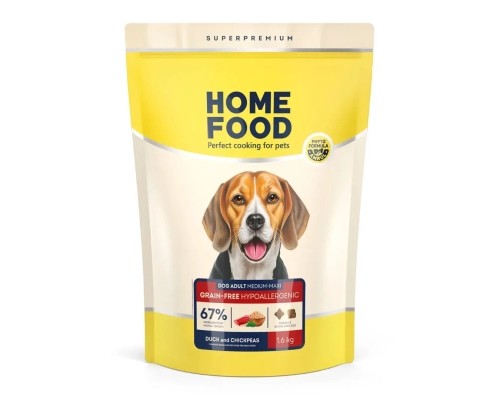 Сухий корм для собак Home Food ADULT MEDIUM/MAXI Grain-free hypoallergenic з качкою та нутом 1.6 кг (4820235021351)
