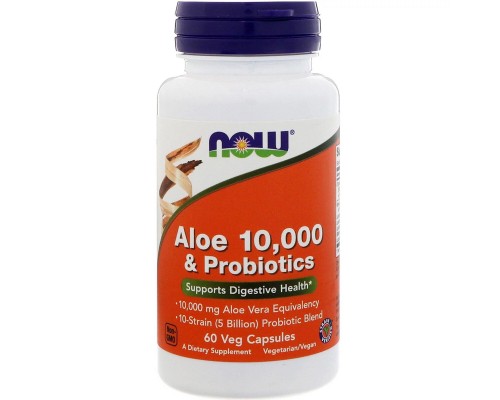Трави Now Foods Алое 10 000 & Пробіотики, 60 вегетаріанських капсул (NOW-03029)