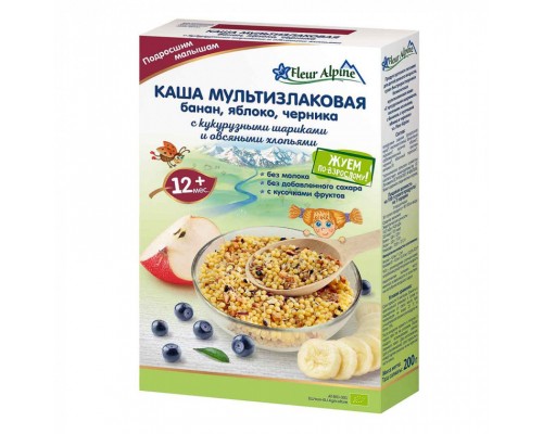 Дитяча каша Fleur Alpine безмолочна мультизлакова банан-яблуко-чорниця 200 г (9010004508182)