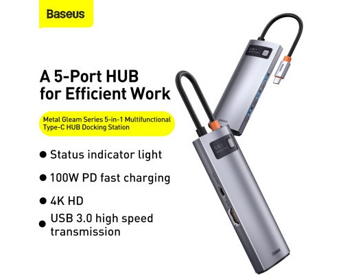 Концентратор Baseus USB3.1 Type-C to USB Type C PD 100W/HDMI 4K 60 Hz/3*USB 3.2 Gen1/ 5in1 (CAHUB-CX0G)