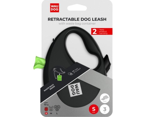 Повідок для собак WAUDOG R-leash з контейнером для пакетів S до 12 кг 3 м чорний (26281)
