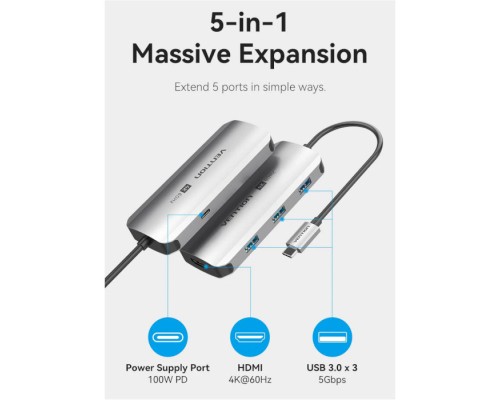 Концентратор Vention USB 3.1 Type-C to HDMI 4K60Hz/USB 3.0x3/PD 100W 5-in-1 (TQDHB)