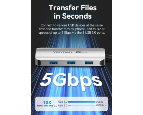 Концентратор Vention USB 3.1 Type-C to HDMI 4K60Hz/USB 3.0x3/PD 100W 5-in-1 (TQDHB)