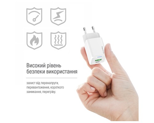Зарядний пристрій ColorWay C101A GaN Mini 20W PD PPS USB-C + USB-A QC4.0 + cable USB-C to USB-C black (CW-CHS062PDC-WT)