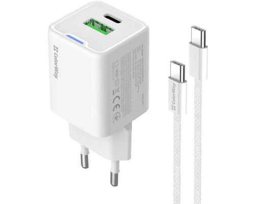 Зарядний пристрій ColorWay C101A GaN Mini 20W PD PPS USB-C + USB-A QC4.0 + cable USB-C to USB-C black (CW-CHS062PDC-WT)