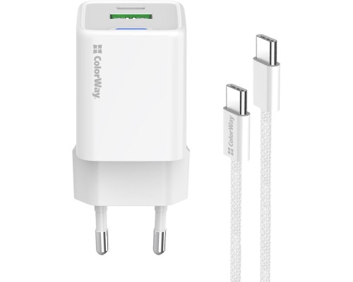 Зарядний пристрій ColorWay C101A GaN Mini 20W PD PPS USB-C + USB-A QC4.0 + cable USB-C to USB-C black (CW-CHS062PDC-WT)