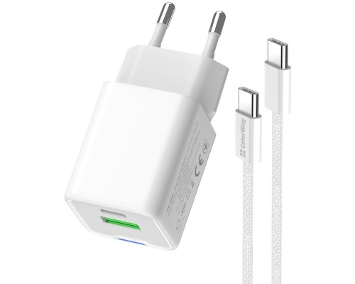 Зарядний пристрій ColorWay C101A GaN Mini 20W PD PPS USB-C + USB-A QC4.0 + cable USB-C to USB-C black (CW-CHS062PDC-WT)