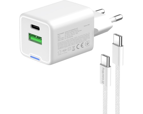 Зарядний пристрій ColorWay C101A GaN Mini 20W PD PPS USB-C + USB-A QC4.0 + cable USB-C to USB-C black (CW-CHS062PDC-WT)