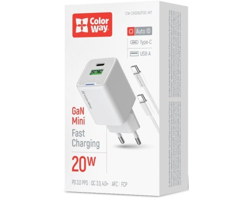 Зарядний пристрій ColorWay C101A GaN Mini 20W PD PPS USB-C + USB-A QC4.0 + cable USB-C to USB-C black (CW-CHS062PDC-WT)