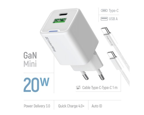 Зарядний пристрій ColorWay C101A GaN Mini 20W PD PPS USB-C + USB-A QC4.0 + cable USB-C to USB-C black (CW-CHS062PDC-WT)