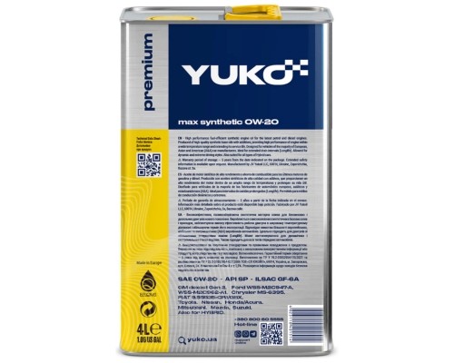 Моторна олива Yuko MAX SYNTHETIC A&A 0W-20 API SP 4л (4823110401514)