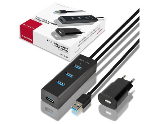 Концентратор AXAGON USB 3.1 to 4xUSB 3.0 1.2m + power adapter + cable USB to Micro 5P black (HUE-S2BP)