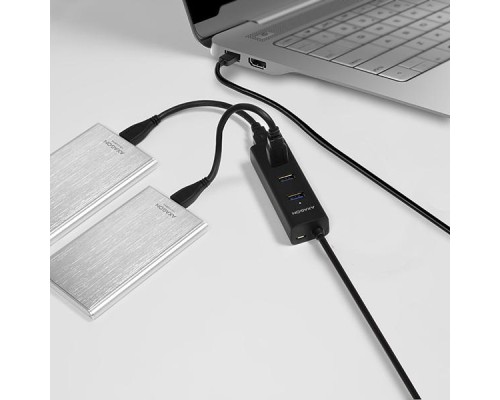 Концентратор AXAGON USB 3.1 to 4xUSB 3.0 1.2m + power adapter + cable USB to Micro 5P black (HUE-S2BP)