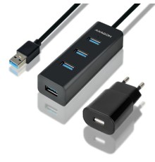 Концентратор AXAGON USB 3.1 to 4xUSB 3.0 1.2m + power adapter + cable USB to Micro 5P black (HUE-S2BP)