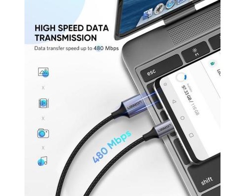 Дата кабель USB 2.0 AM to Type-C 1.0m US288 Aluminum Braid Black Ugreen (60126)