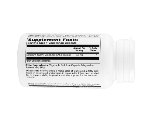 Трави Solaray Монолаурін, Monolaurin, 500 мг, 60 вегетаріанських капсул (SOR-62754)