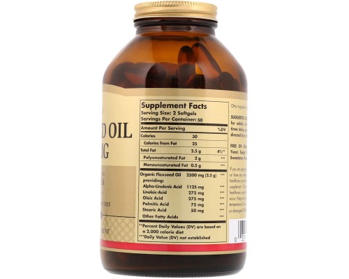 Трави Solgar Лляне Масло, Flaxseed Oil, 1250 мг, 100 гелевих капсул (SOL01070)
