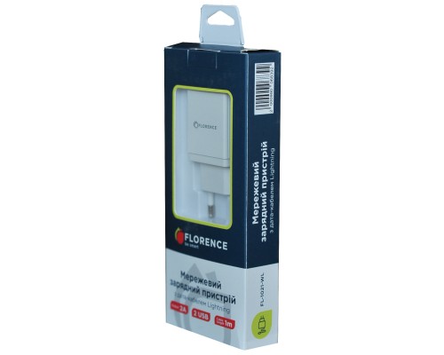 Зарядний пристрій Florence 2USB 2A + Lightning cable white (FL-1021-WL)