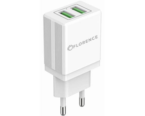 Зарядний пристрій Florence 2USB 2A + Lightning cable white (FL-1021-WL)